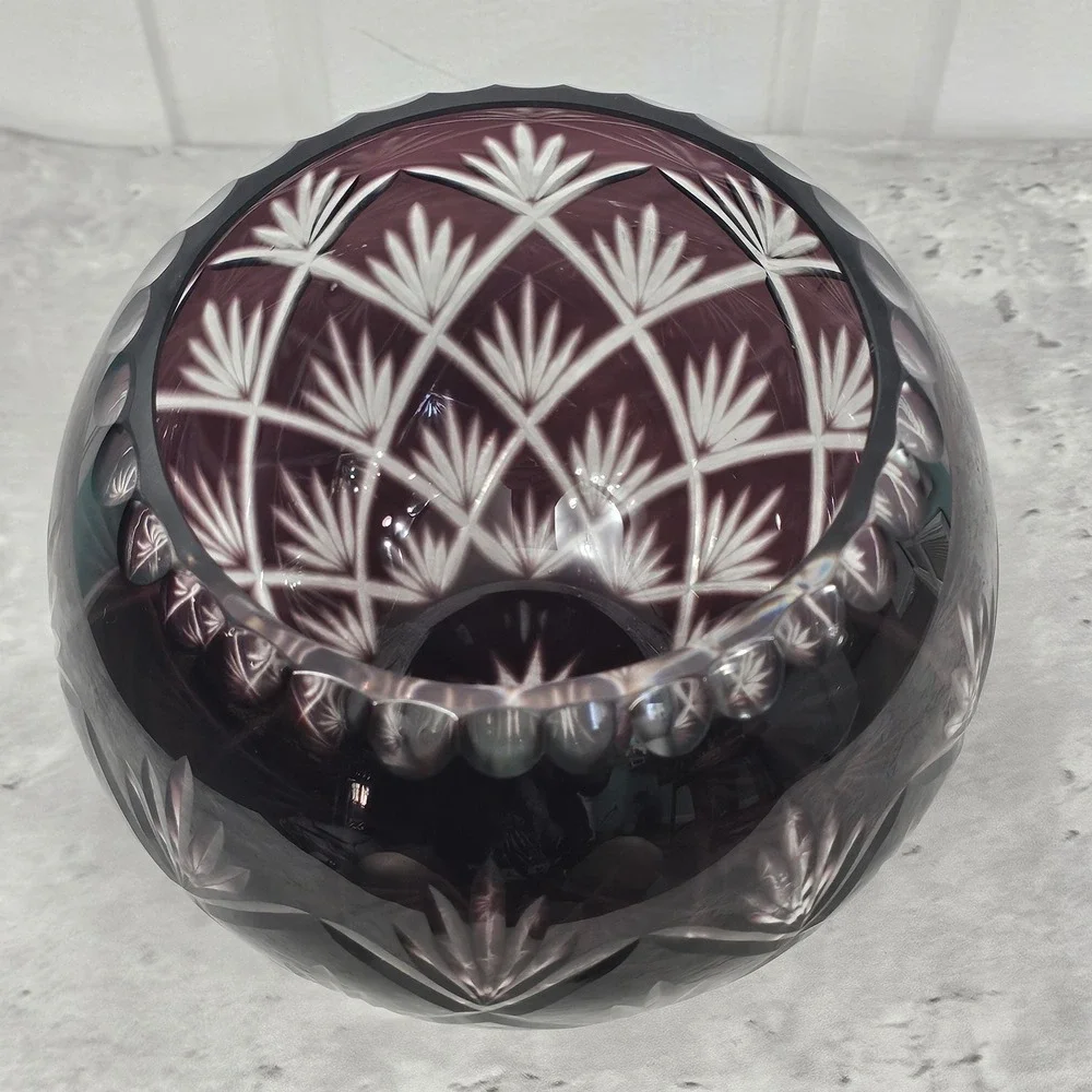 Vintage Amethyst Purple Cut to Clear Glass Rose Bowl Fan Starburst 4.5 inch
